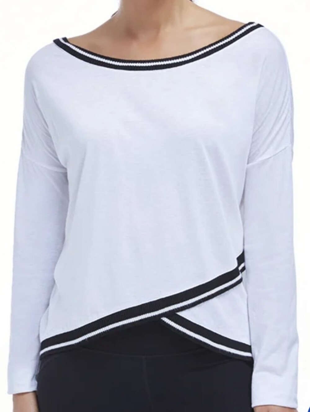 Fabletics Sinclair White Long-Sleeve Scoop Neck Top with Black Trim
